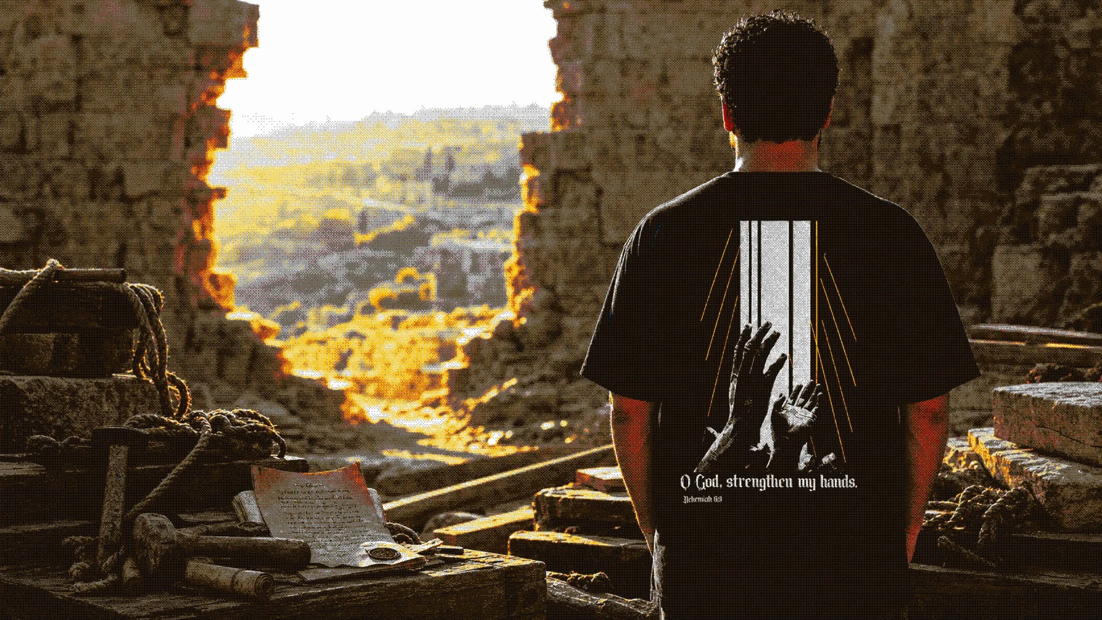 A young man photographed from behind in a printed ministry tee, standing in a sunlit stone ruin overlooking an ancient city; the back of the shirt reads “O God, strengthen my hands.”