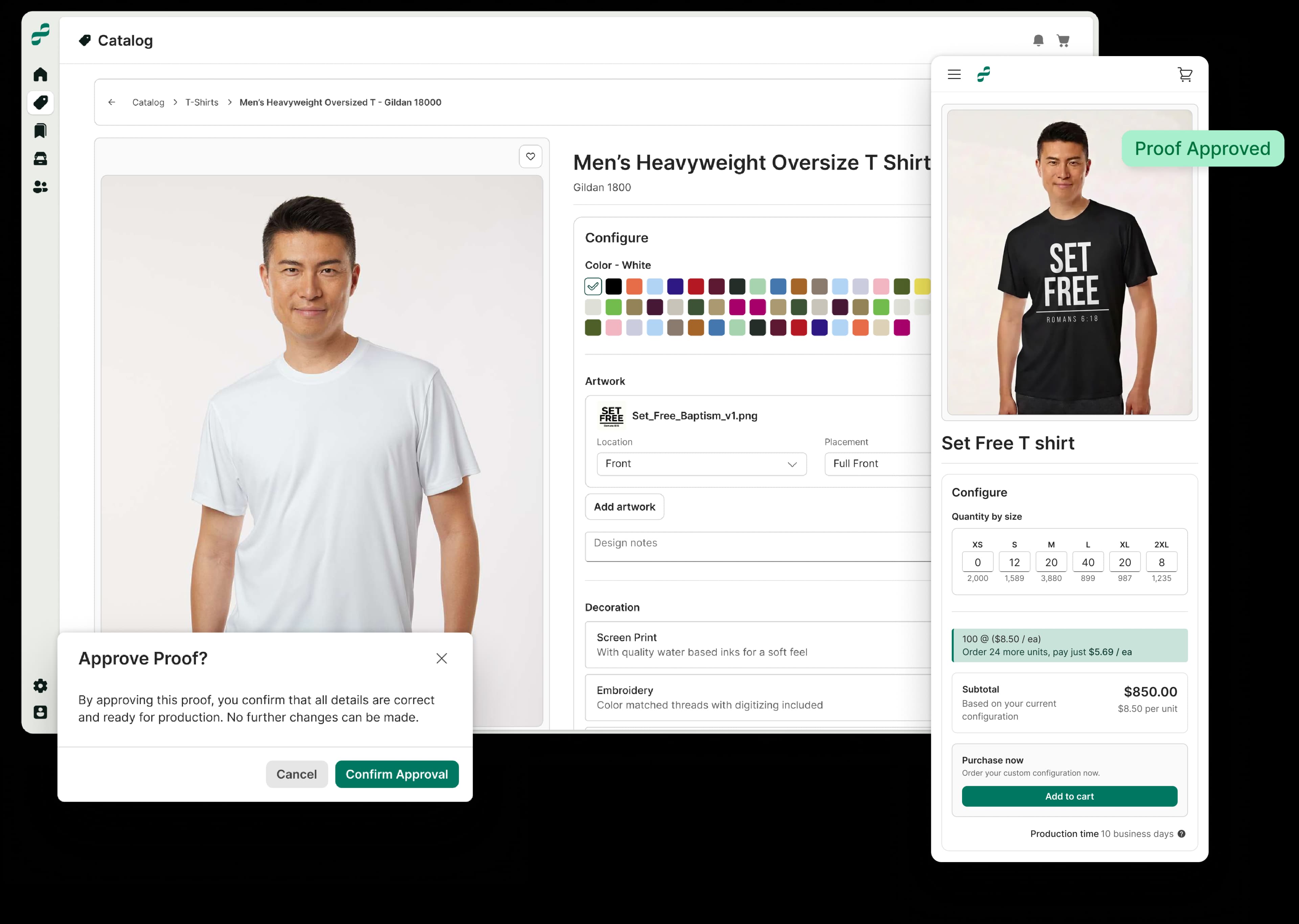 Divinipress platform showing product configuration on desktop and staff ordering on mobile